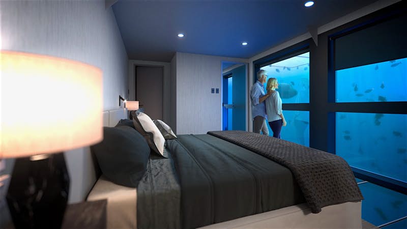 Плавучий отель предлагает гостям насладиться отдыхом в подводных номерах и полюбоваться жизнью морских обитателей с максимальным комфортом