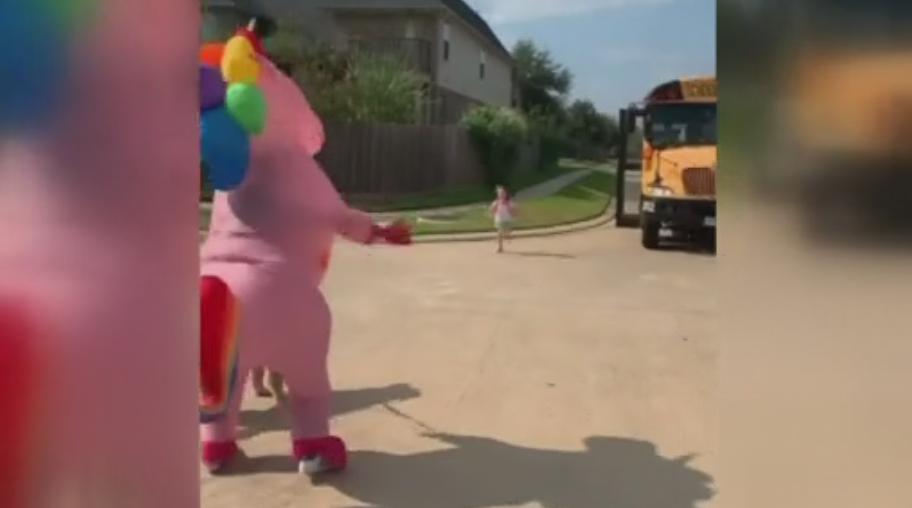 Мать решила удивить свою дочку: она встретила ее из школы в костюме розового единорога