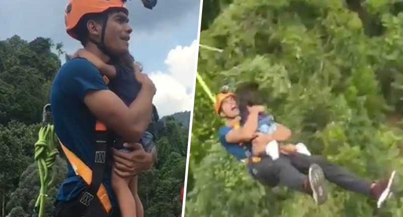 Папаша прыгнул на тарзанке со своей 2 летней дочерью на руках