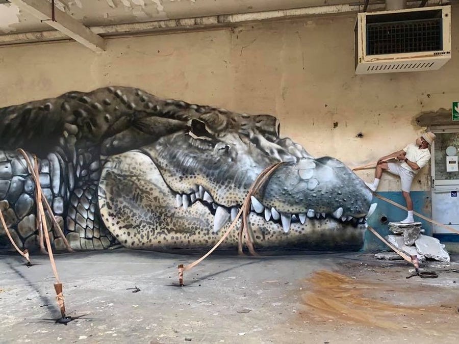 Хочешь   не хочешь, а напугаешься: реалистичные динозавры, крокодилы и кинг конги от уличного художника из Франции (фото)