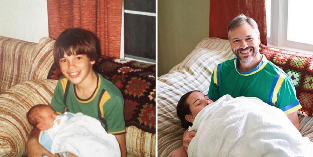 Брат с сестрой воссоздали свои фотографии из детства к юбилею мамы