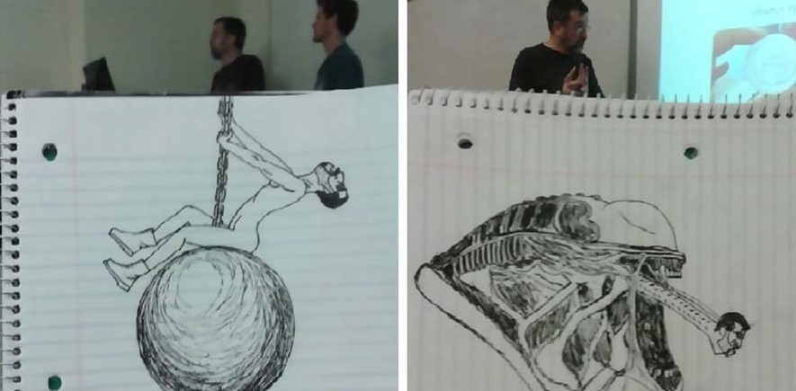 Студент, просиживая время на парах, рисовал своего преподавателя, создавая веселые карикатуры